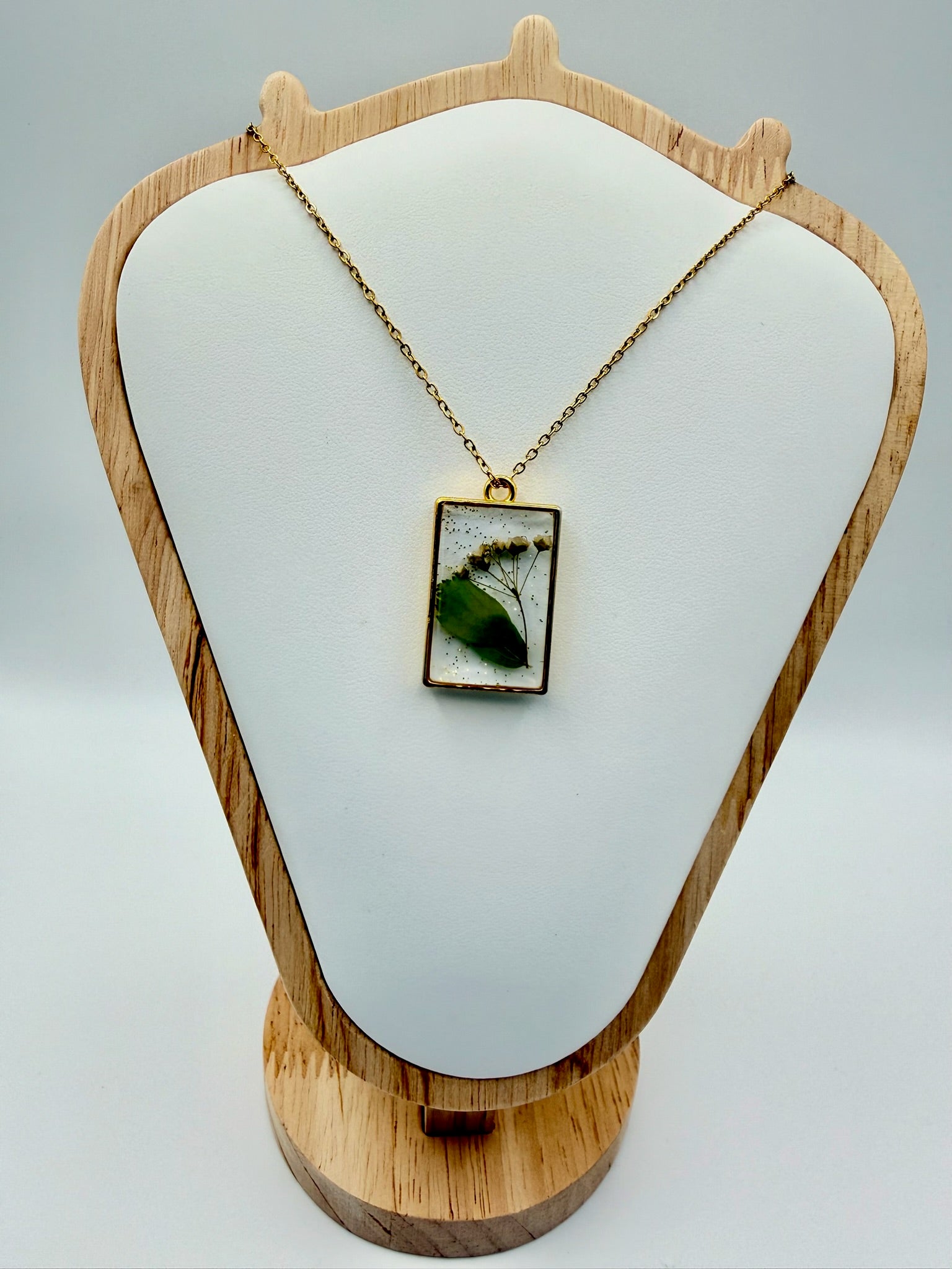 Wild Green handmade botanical rectangular resin necklace