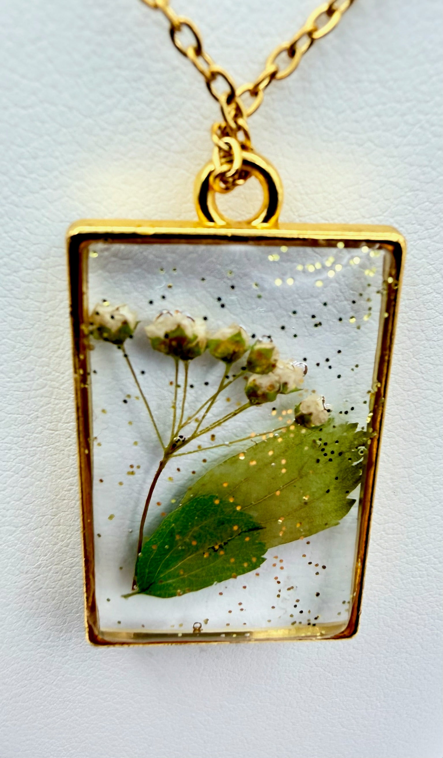 Wild Green handmade botanical rectangular resin necklace