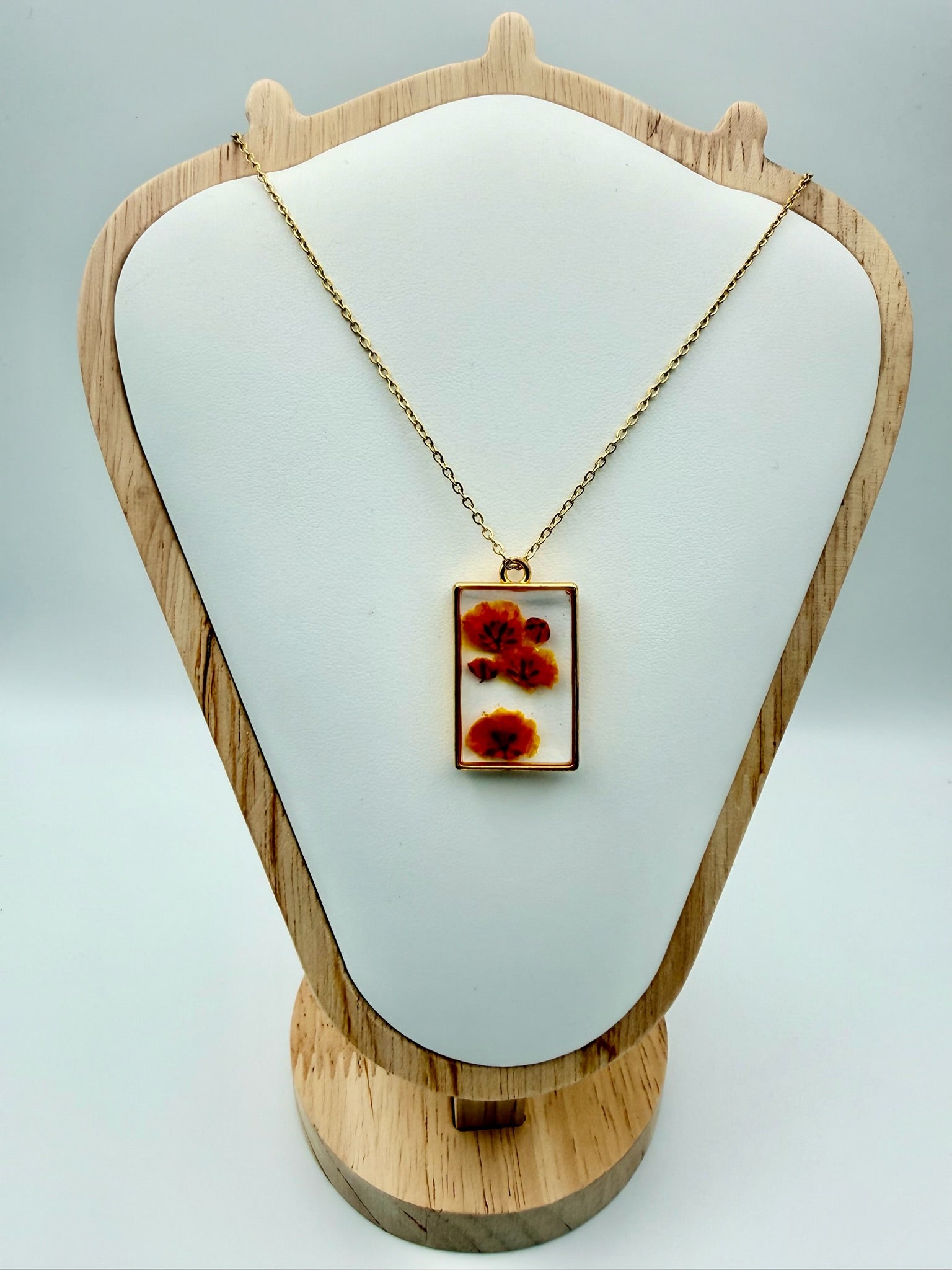 Sunlit Bloom handmade orange flower rectangular resin necklace