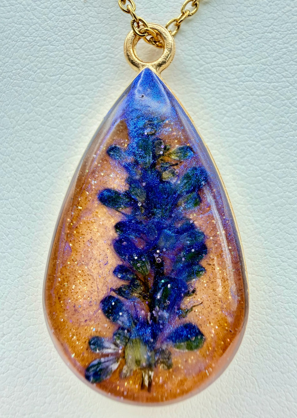 Violet Rain handmade purple botanical teardrop resin necklace