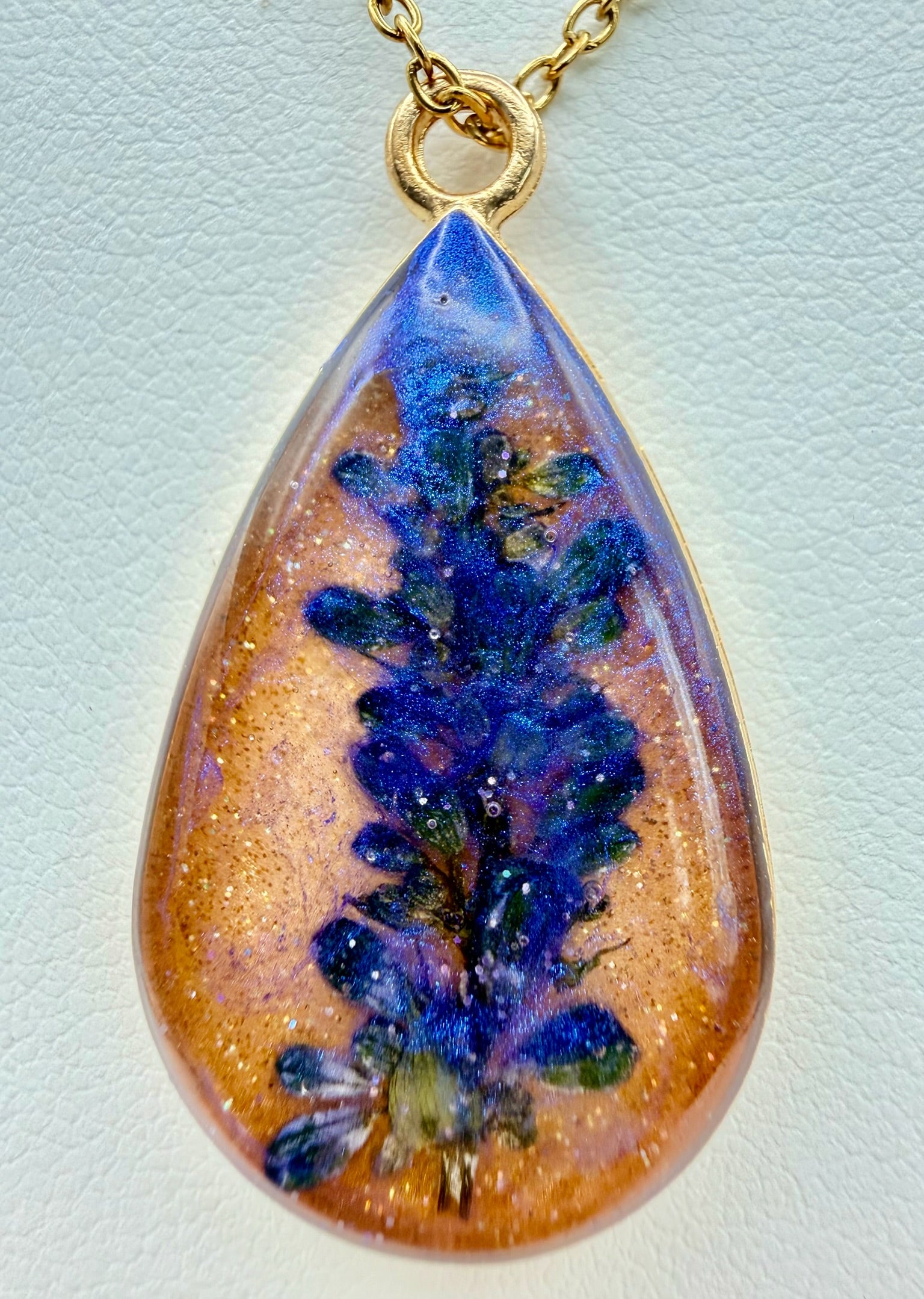 Violet Rain handmade purple botanical teardrop resin necklace