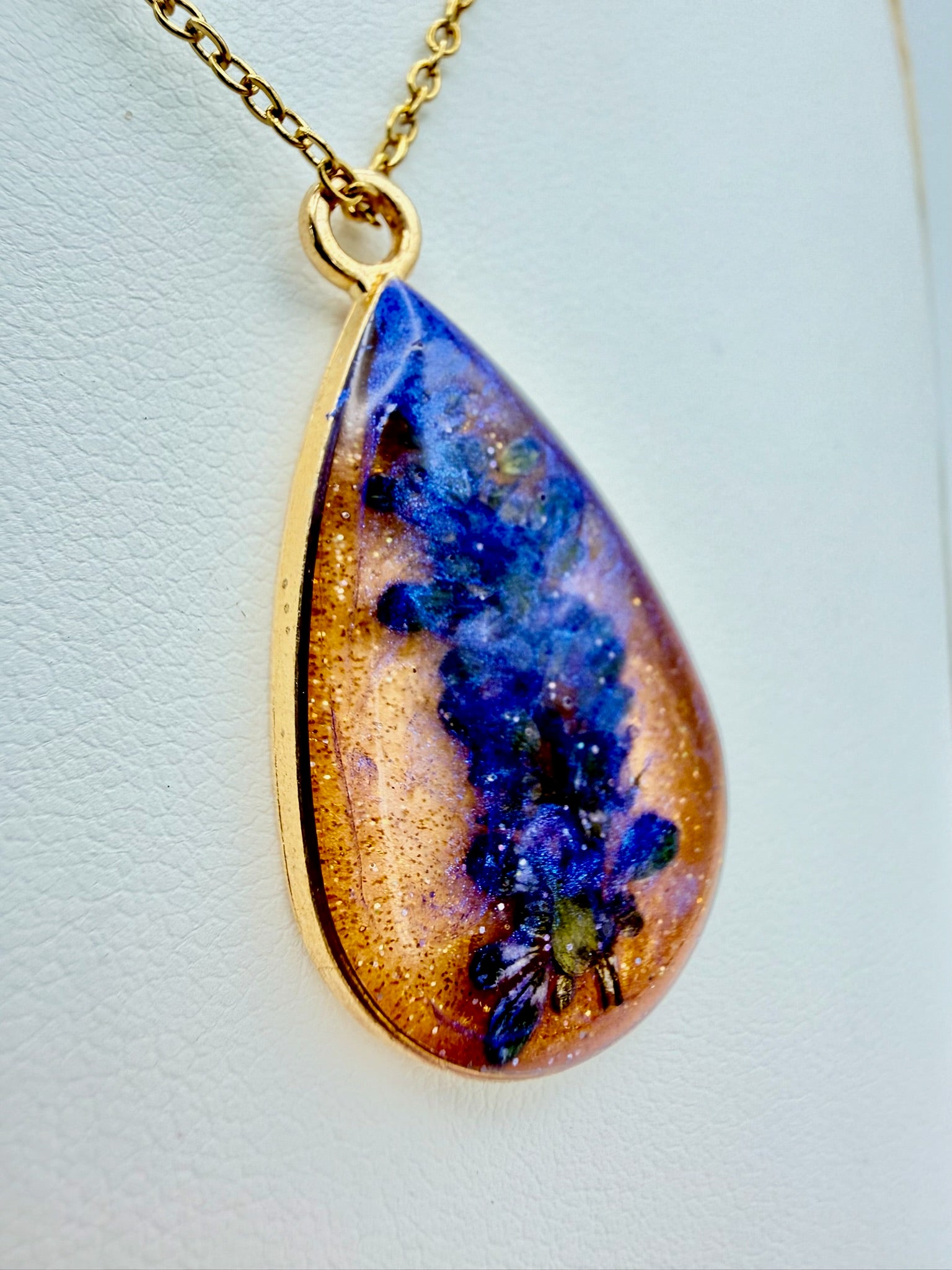 Violet Rain handmade purple botanical teardrop resin necklace