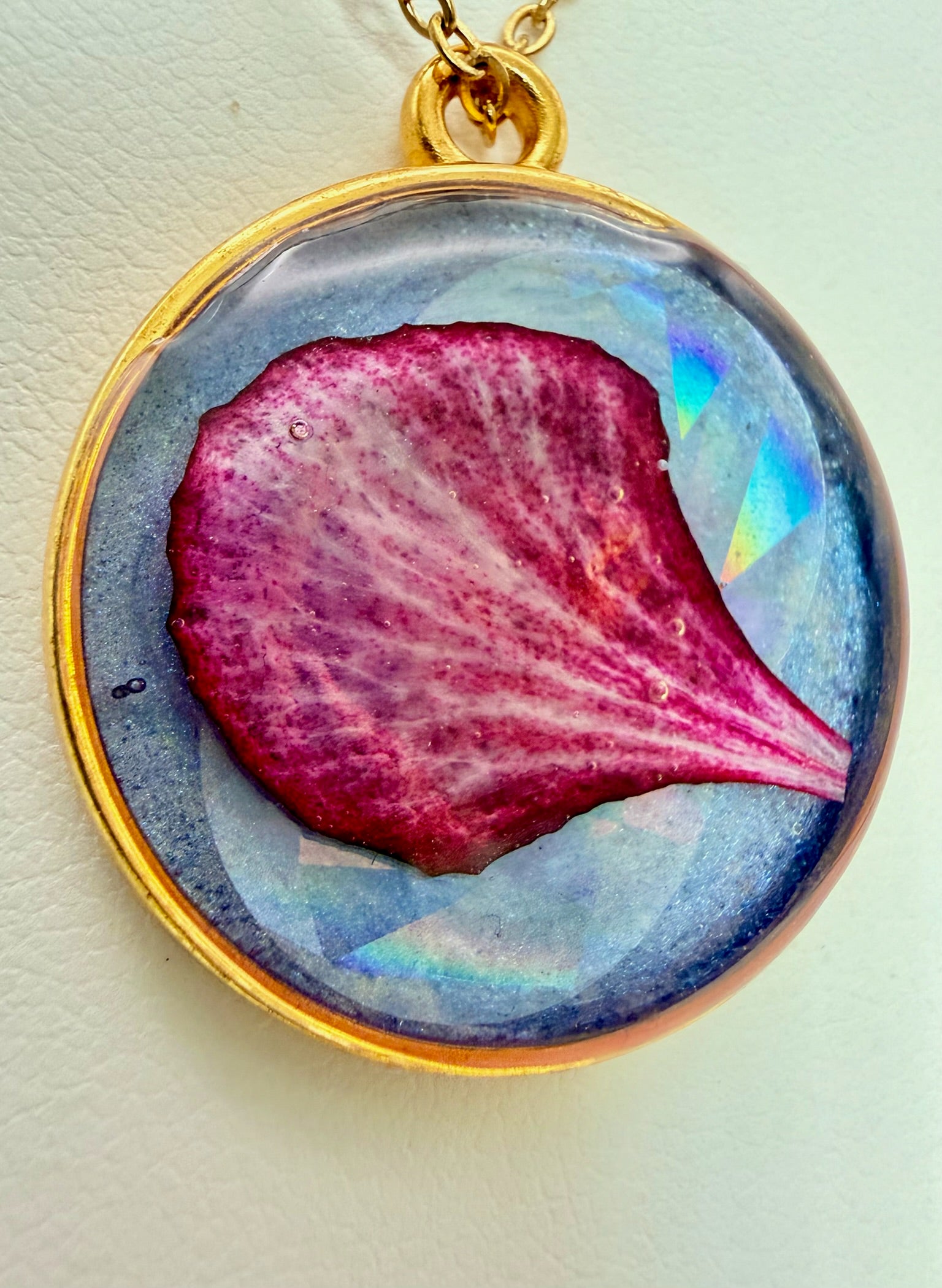 Magenta Moon handmade pink and purple round resin necklace