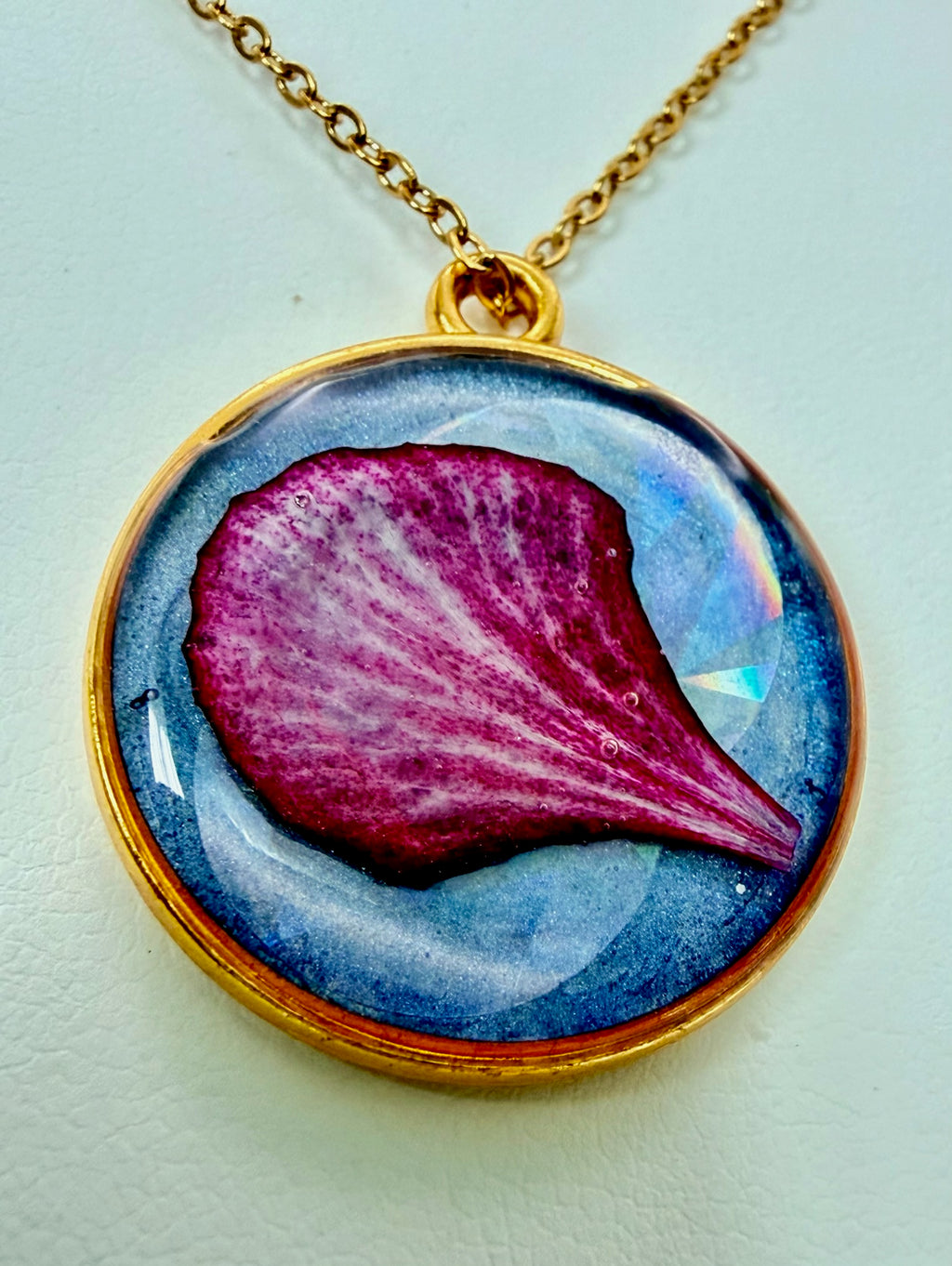 Magenta Moon handmade pink and purple round resin necklace